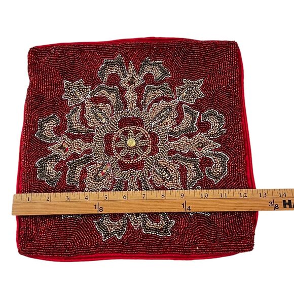 x3 Pier 1 Red Satin Heavily Beaded Geometric Snowflake Festive Pillows Holiday - Picture 10 of 12